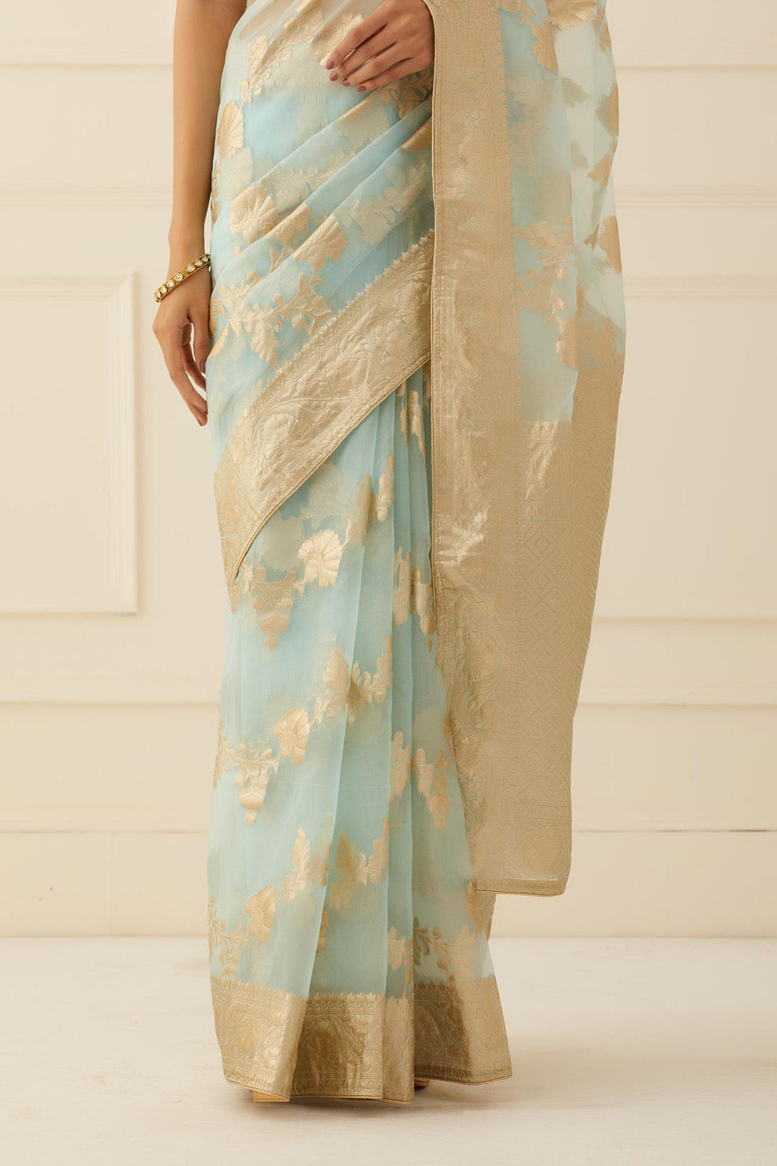 Blue Floral Zari Work Organza Saree