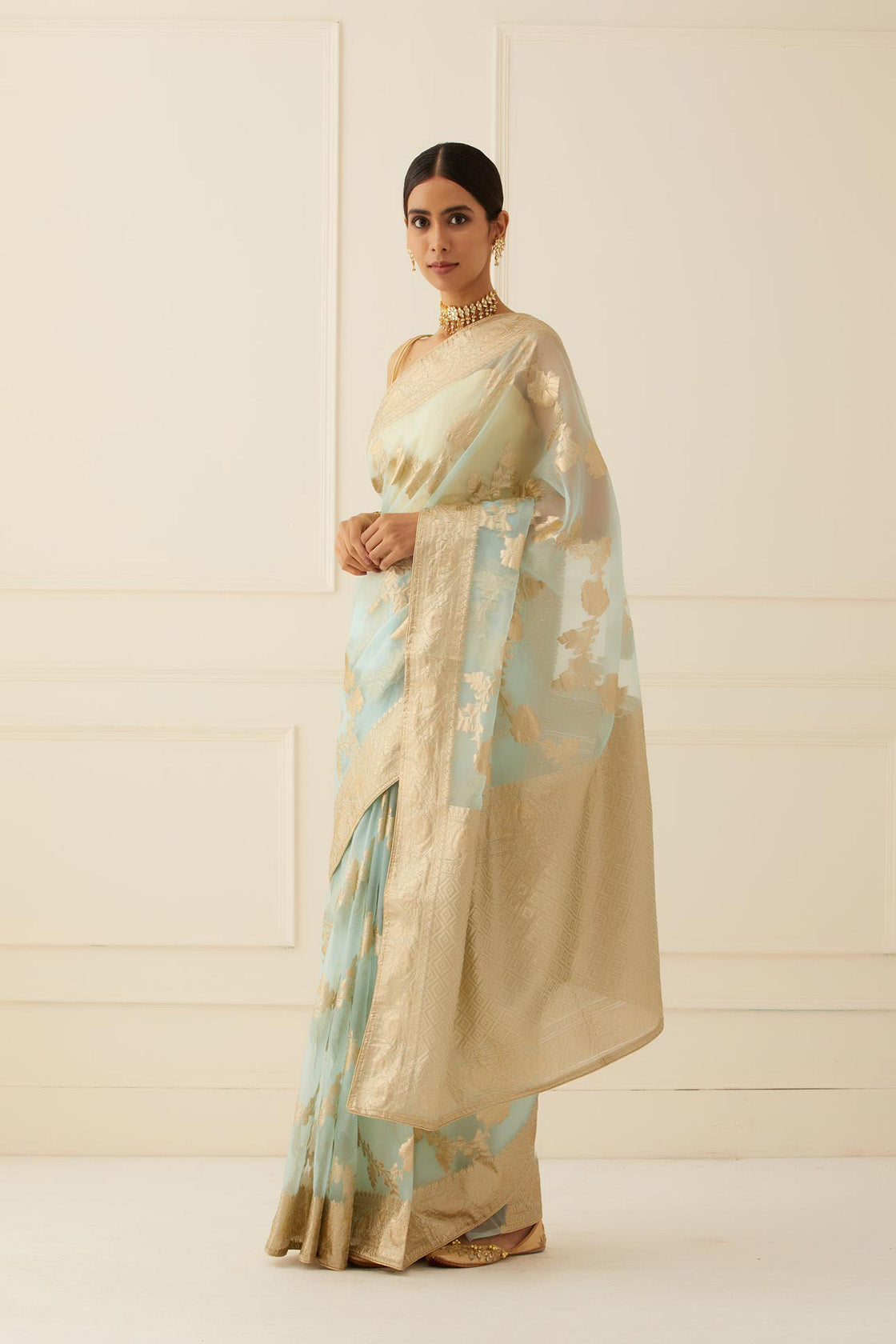 Blue Floral Zari Work Organza Saree