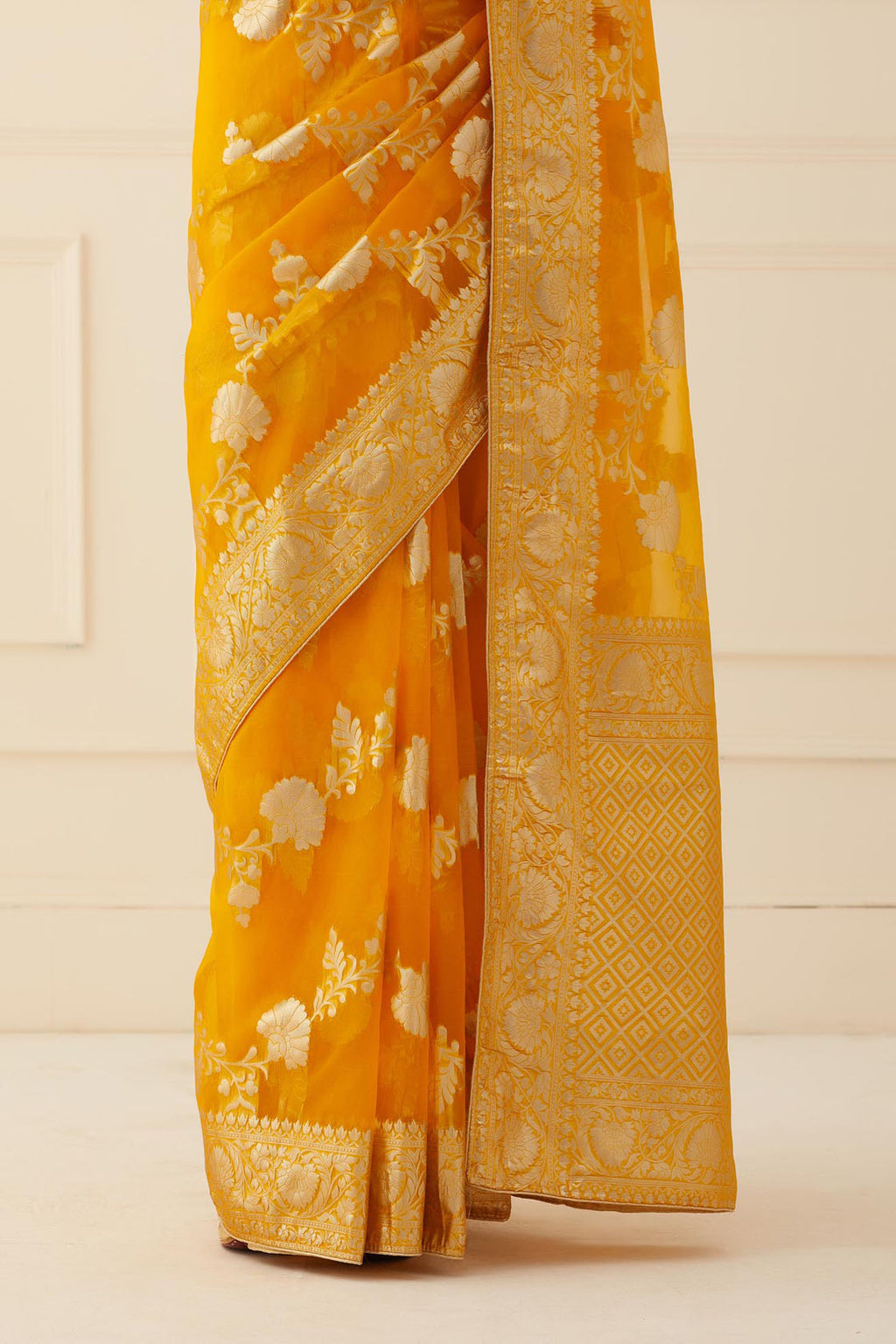 Golden Yellow Zari Organza Banarasi Saree