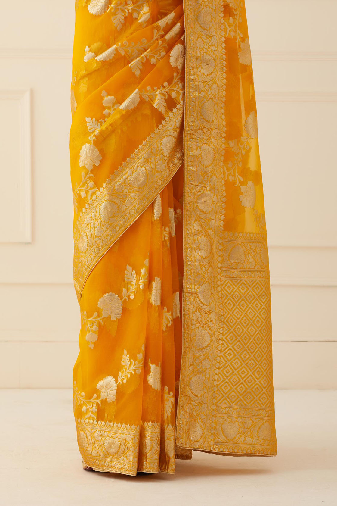 Golden Yellow Zari Organza Banarasi Saree