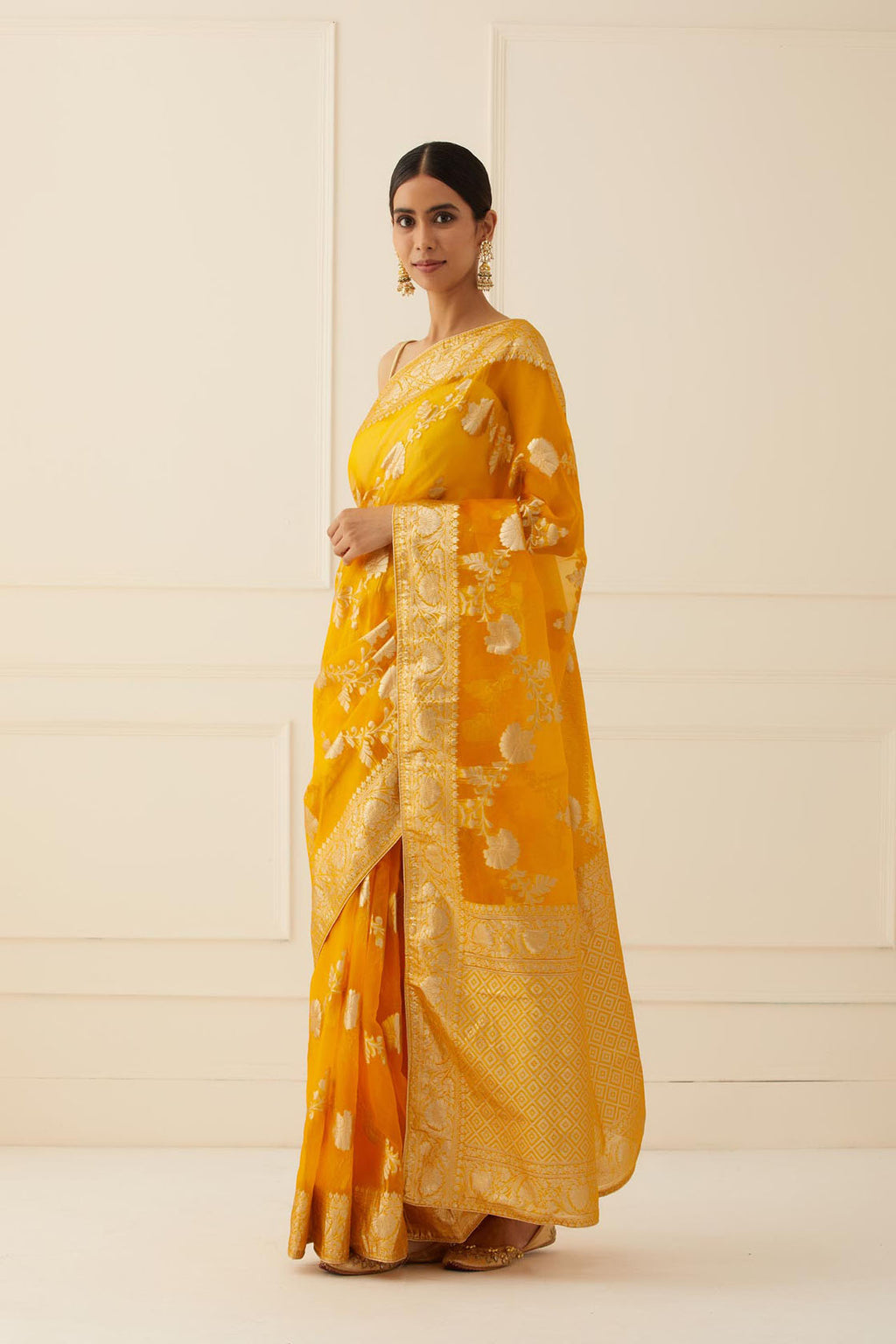Golden Yellow Zari Organza Banarasi Saree