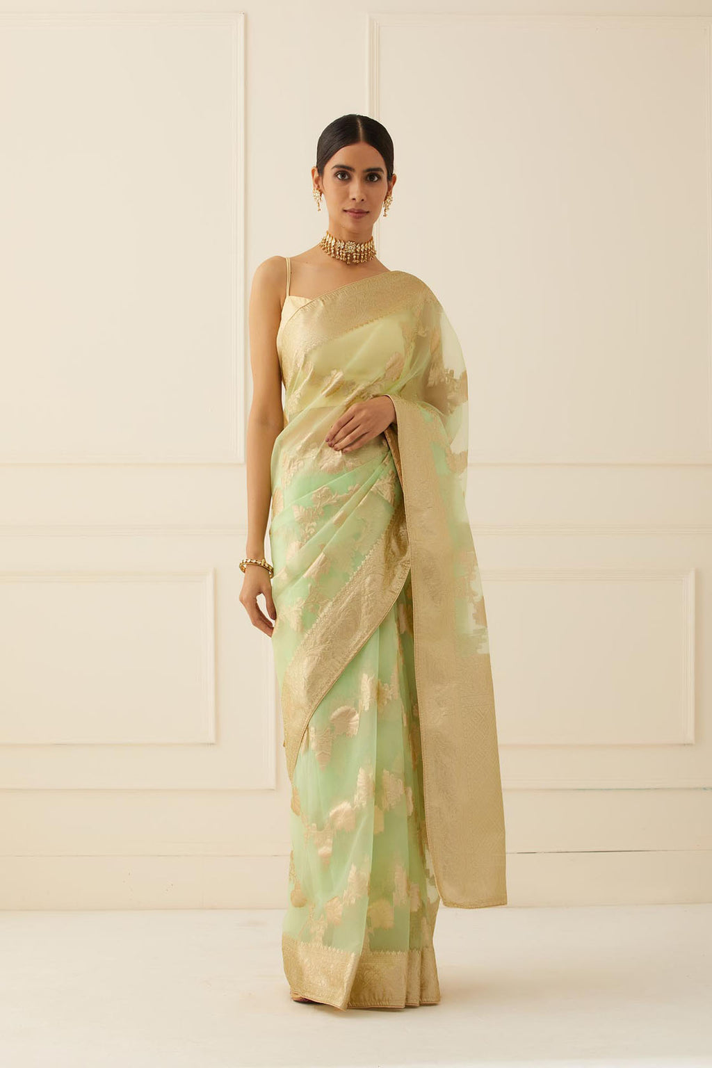 Green Floral Hand Woven Zari Work Organza Saree