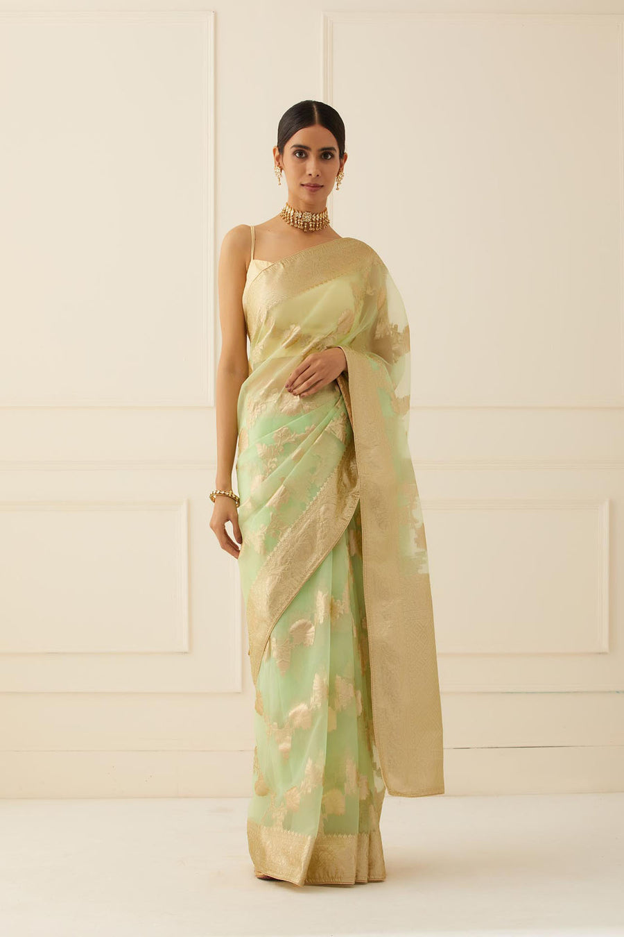 Green Floral Hand Woven Zari Work Organza Saree