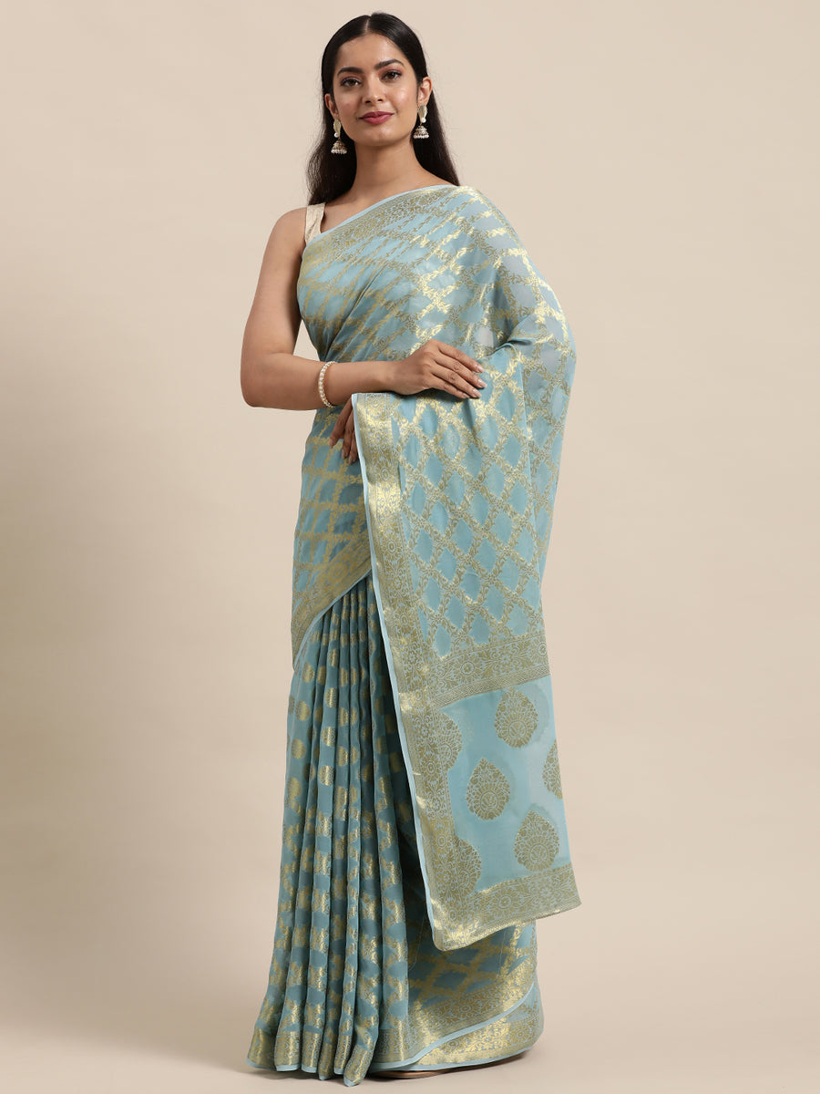 Blue Floral Printed Zari Work Georgette Saree