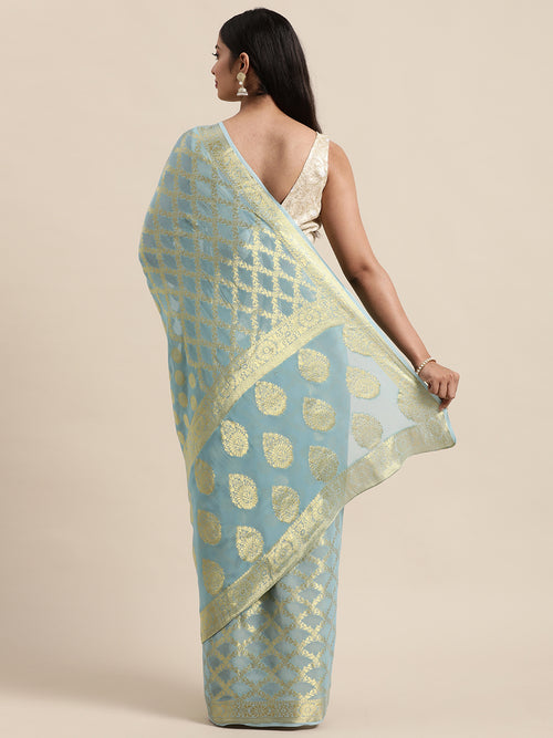 Blue Floral Printed Zari Work Georgette Saree