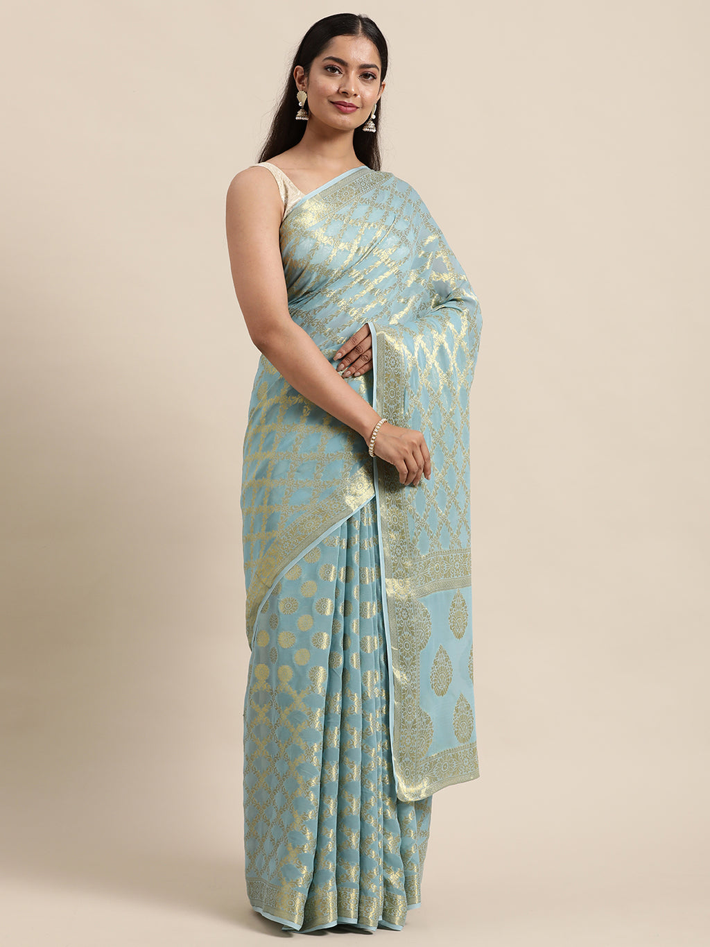 Blue Floral Printed Zari Work Georgette Saree