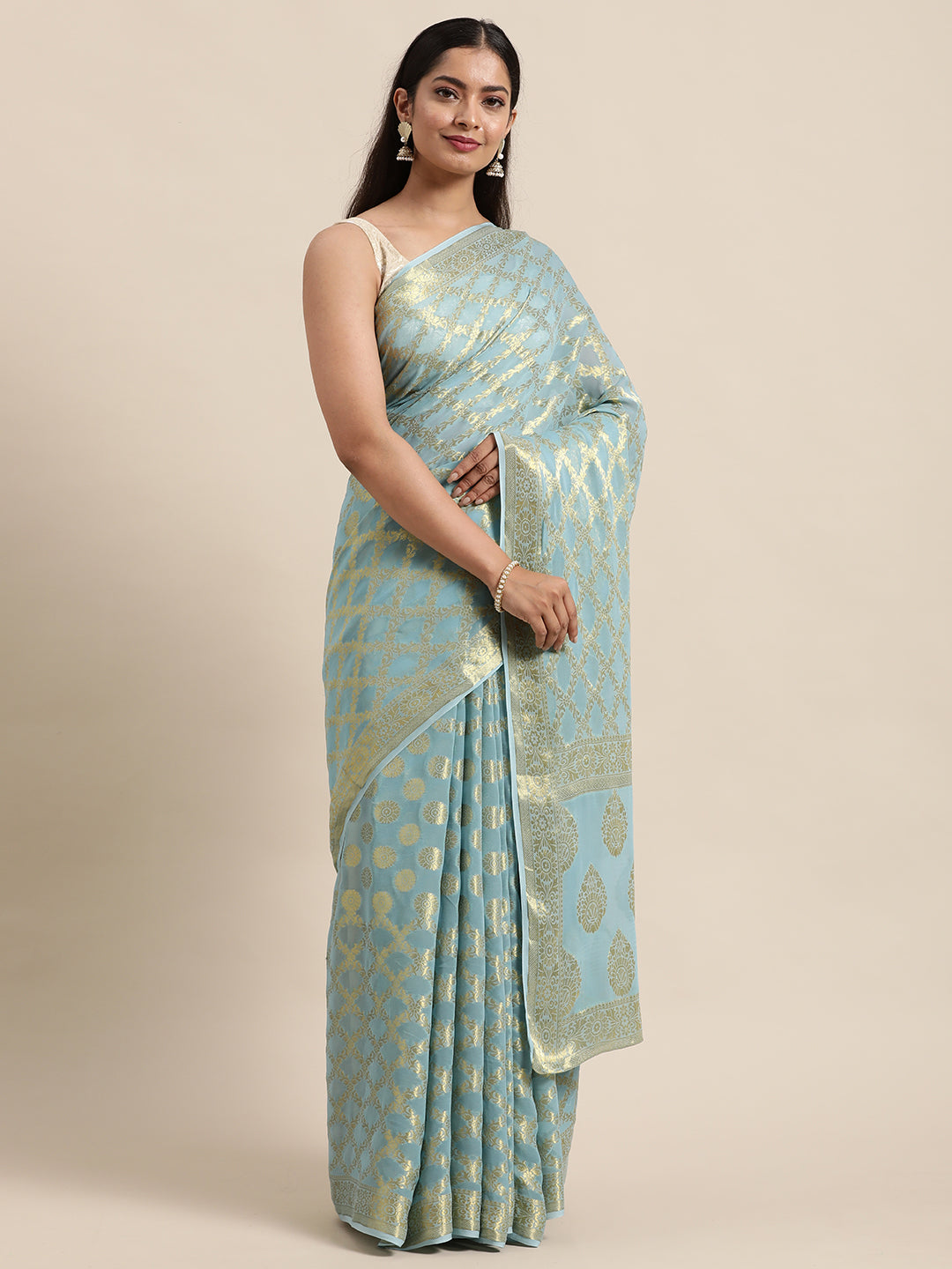 Blue Floral Printed Zari Work Georgette Saree