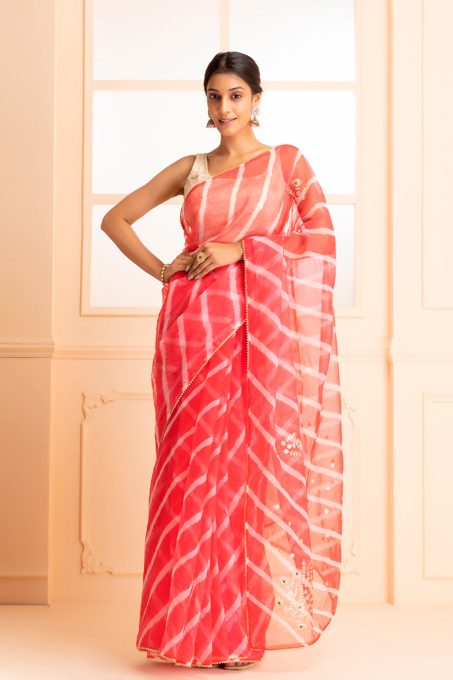 Pink Hand Dyed Leheriya Organza Saree