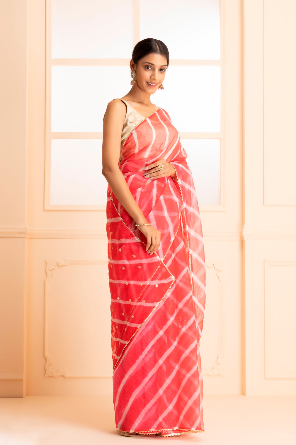 Pink Hand Dyed Leheriya Organza Saree