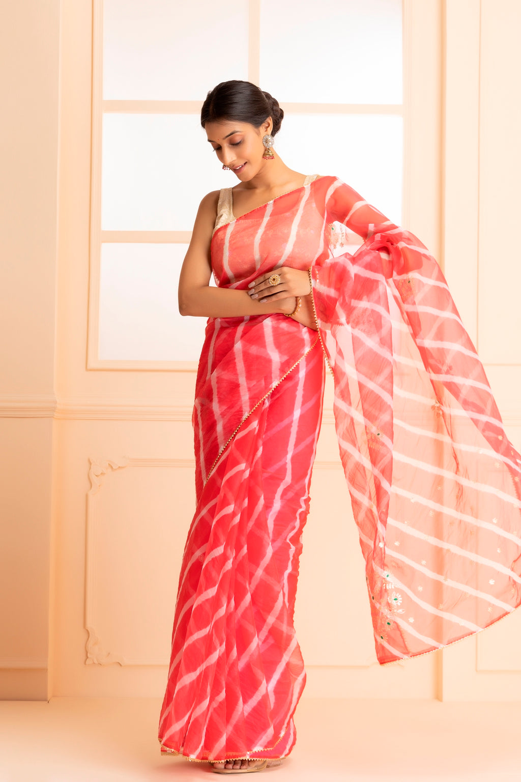 Pink Hand Dyed Leheriya Organza Saree