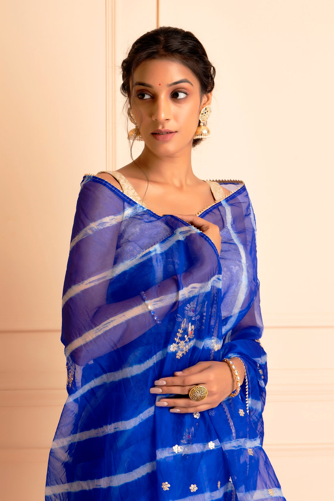 Blue Handcrafted Pittan Work Organza Leheriya Saree
