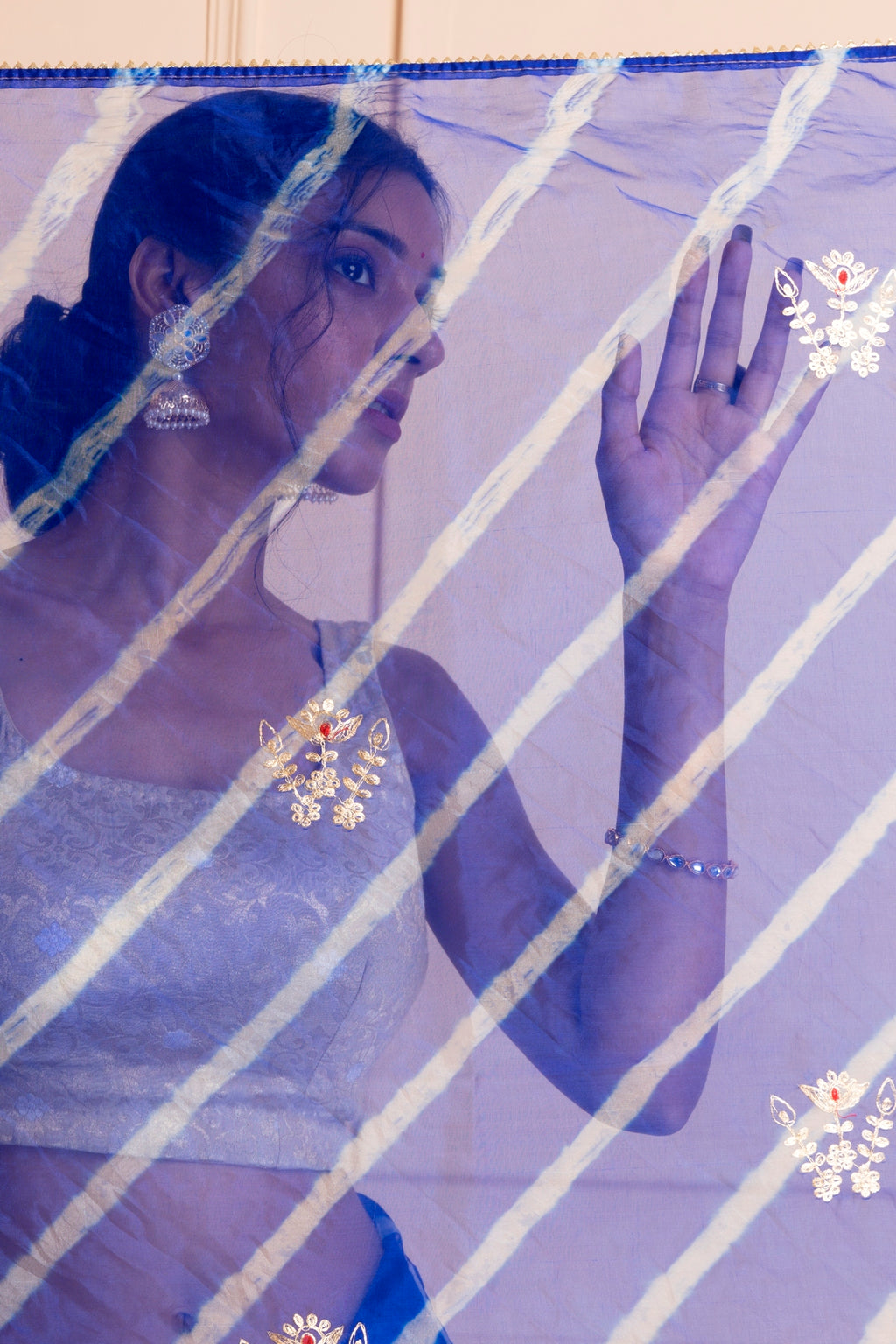Blue Handcrafted Pittan Work Organza Leheriya Saree