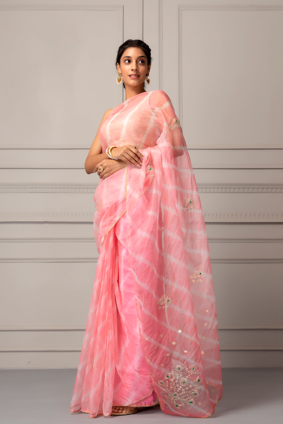 Light Pink Organza Handcrafted Pittan Leheriya Saree