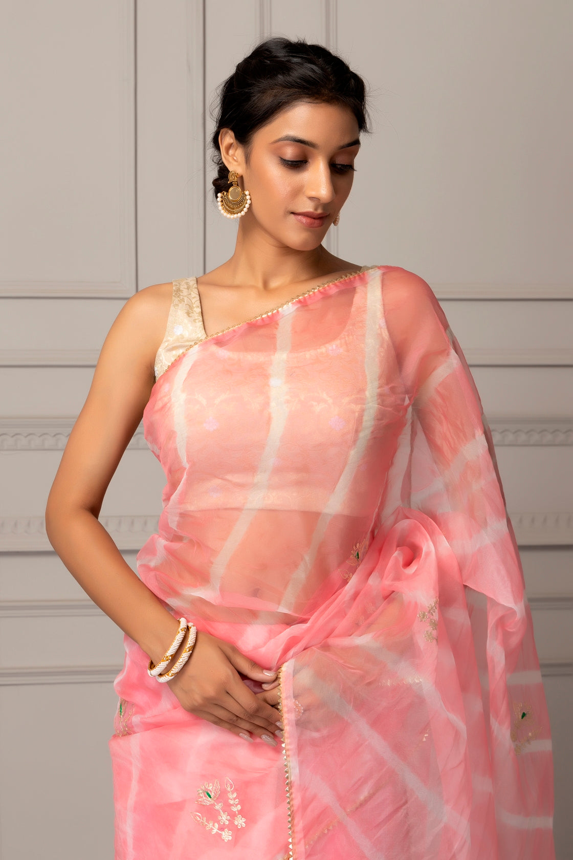 Light Pink Organza Handcrafted Pittan Leheriya Saree