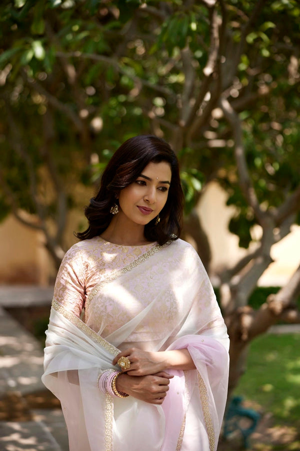 Pastel pink-cream shaded hand embroidered organza saree