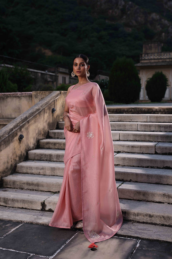 Pink Embellished Crinkle Tissue Saree