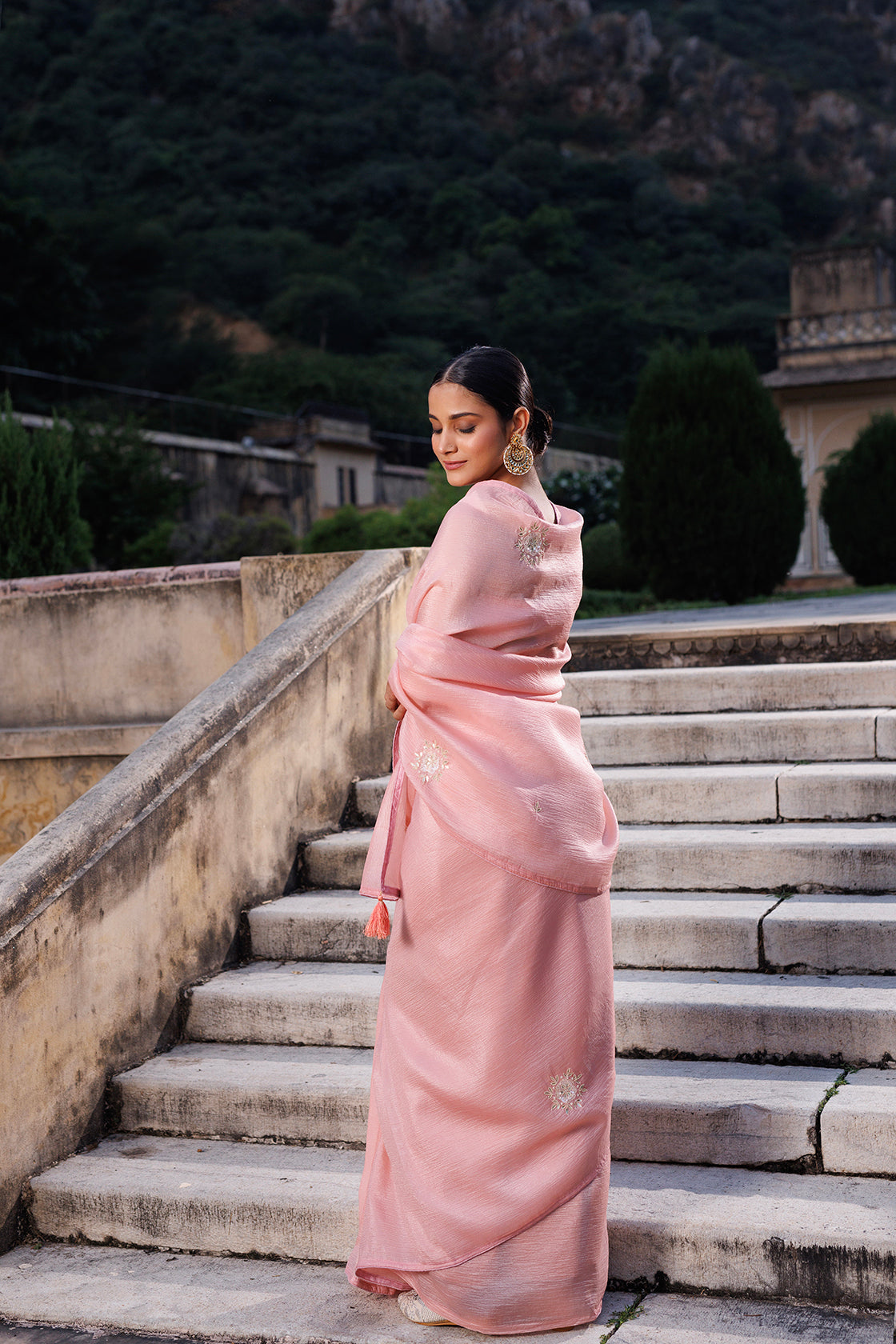 Pink Embellished Crinkle Tissue Saree