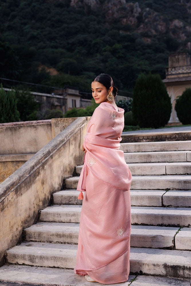 Pink Embellished Crinkle Tissue Saree
