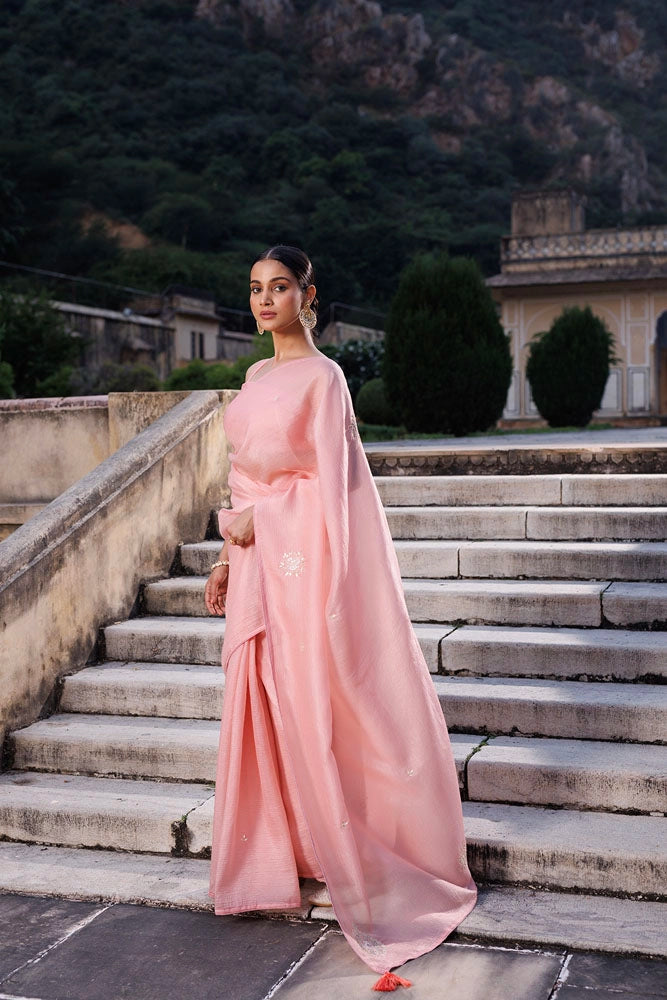 Pink Embellished Crinkle Tissue Saree