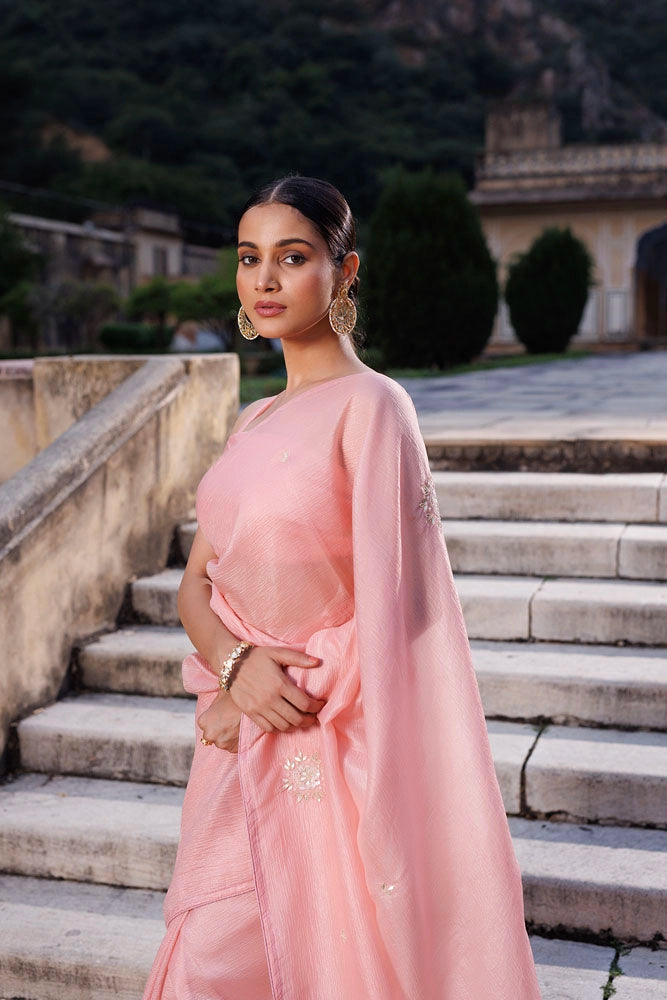 Pink Embellished Crinkle Tissue Saree