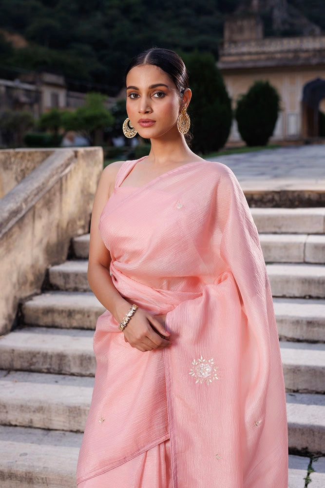 Pink Embellished Crinkle Tissue Saree