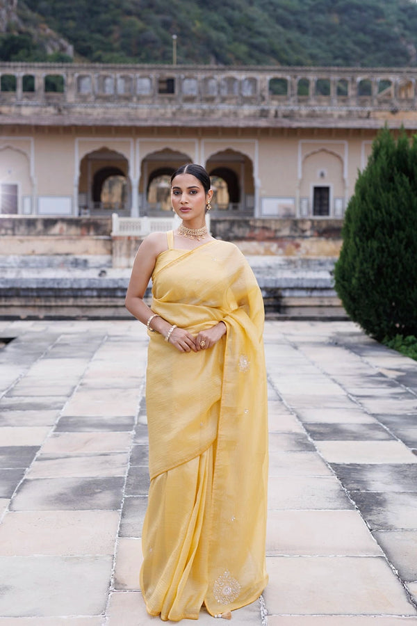 Yellow Embellished Crinkle Tissue Saree