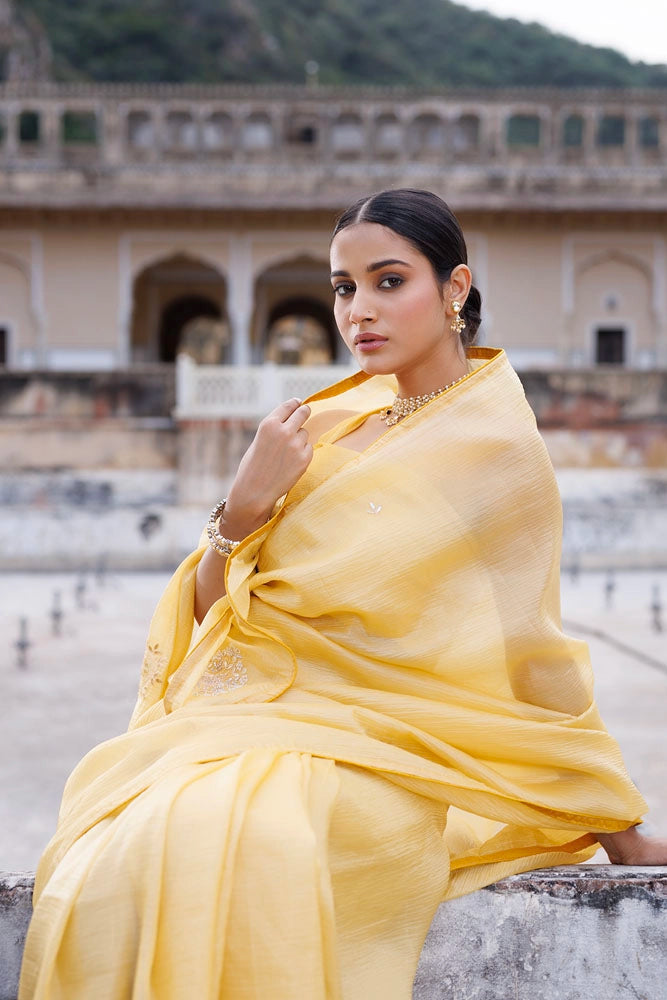 Yellow Embellished Crinkle Tissue Saree