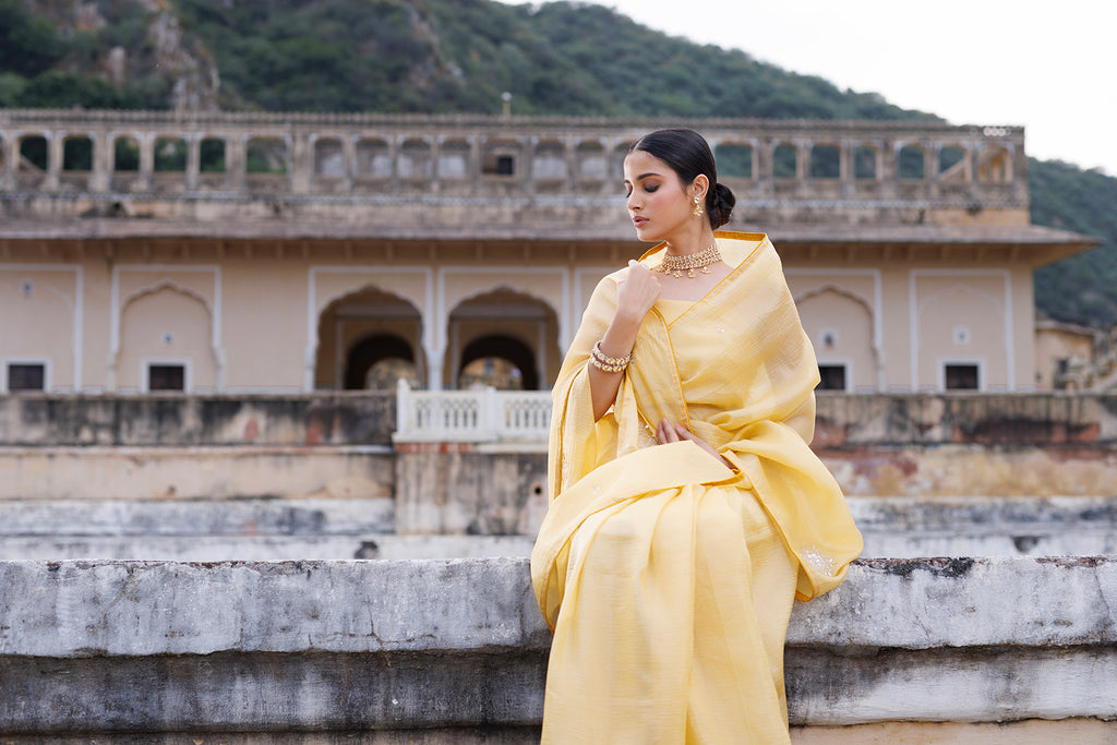 Yellow Embellished Crinkle Tissue Saree