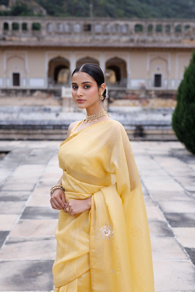 Yellow Embellished Crinkle Tissue Saree
