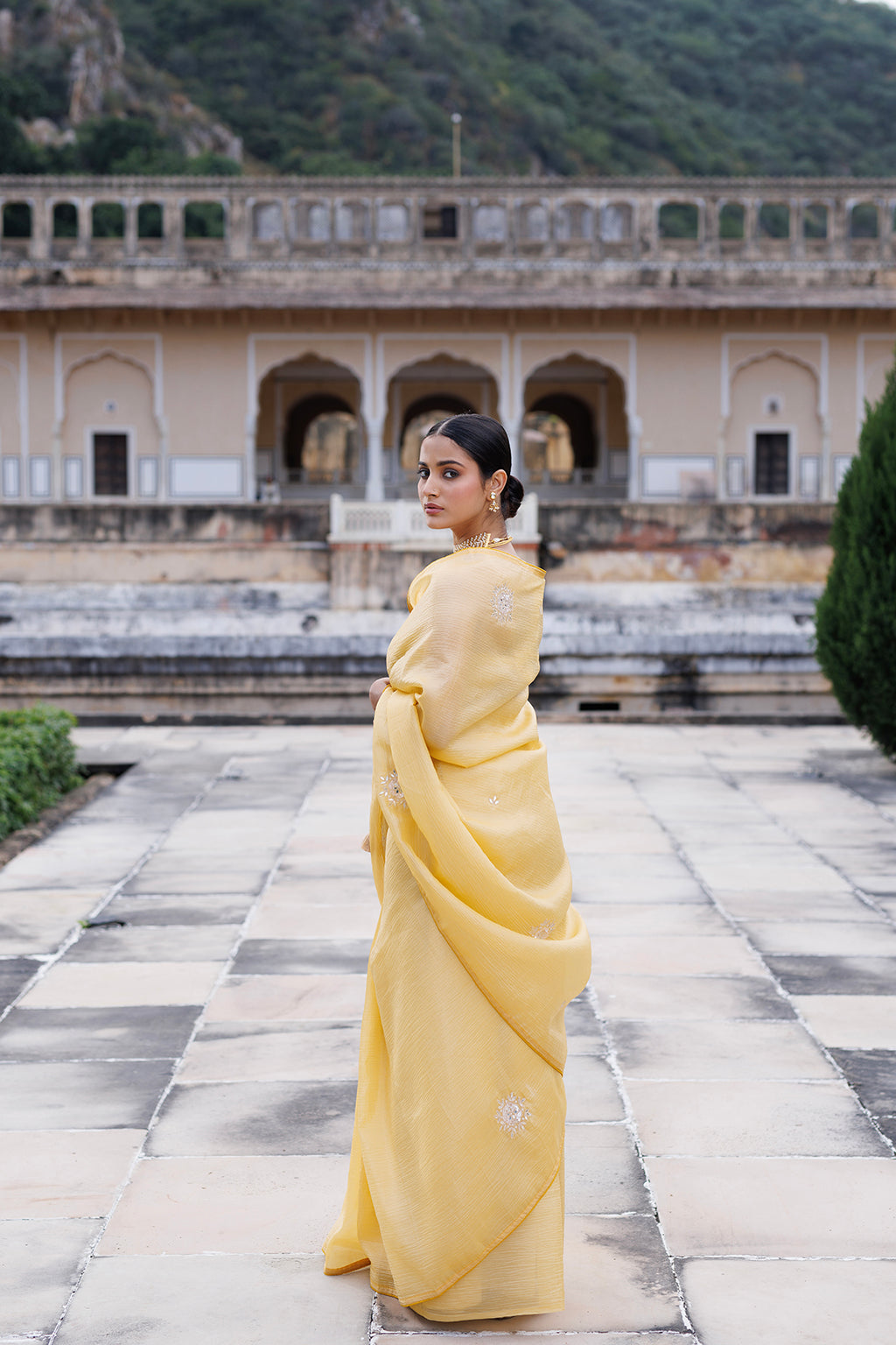 Yellow Embellished Crinkle Tissue Saree