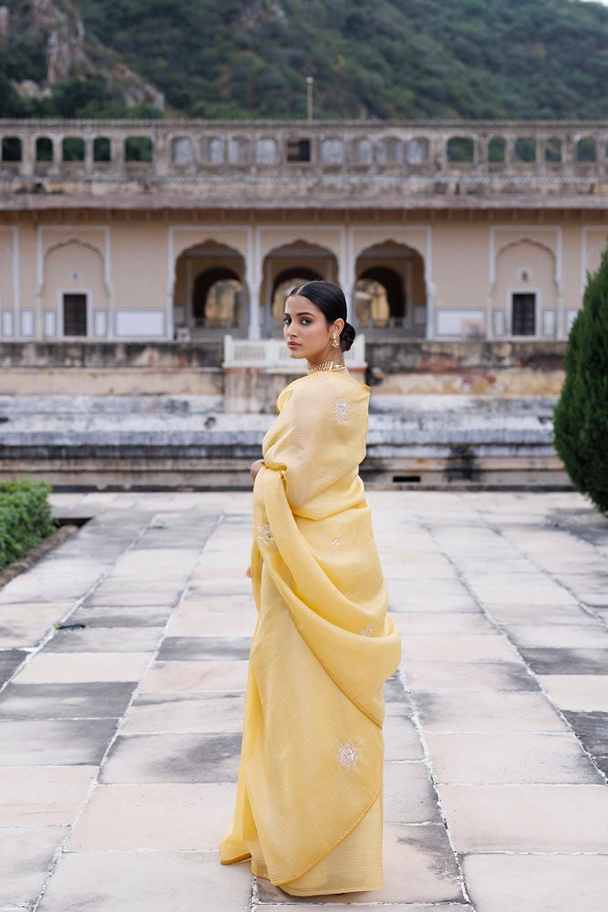Yellow Embellished Crinkle Tissue Saree