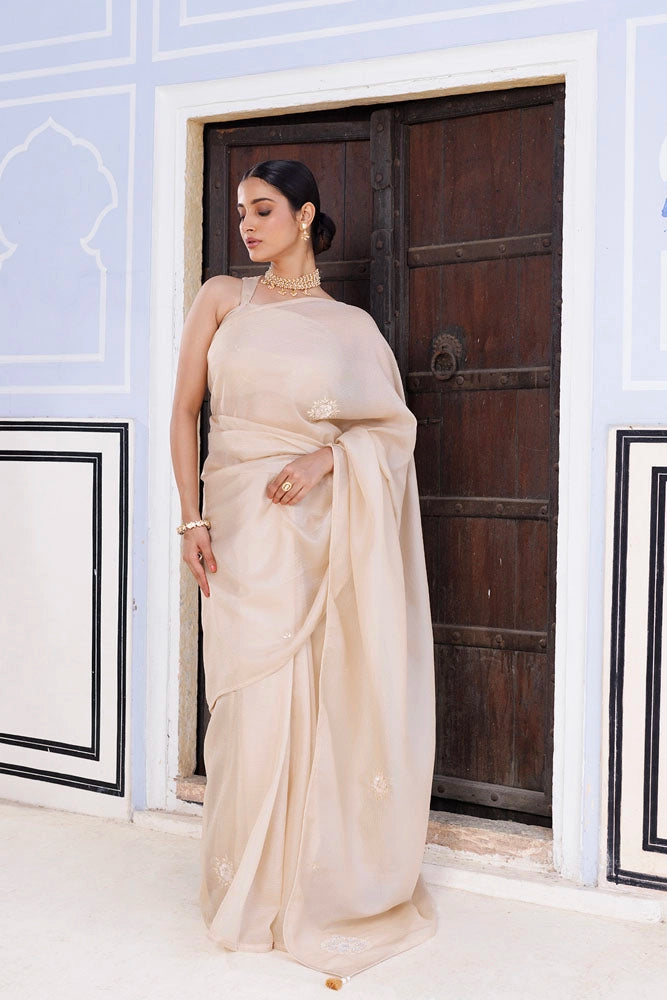 Beige Embellished Crinkle Tissue Saree