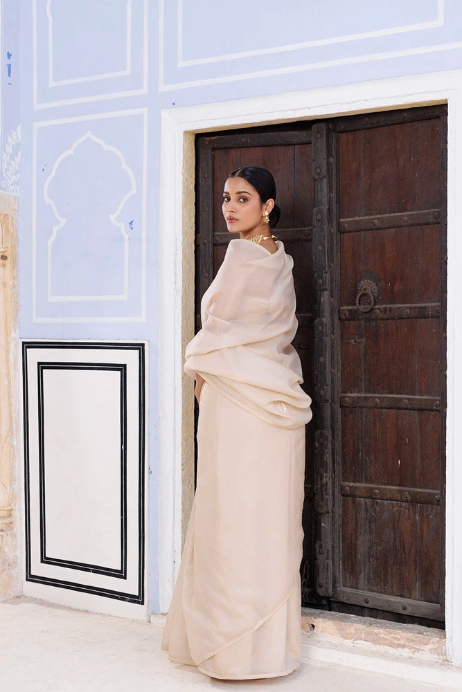 Beige Embellished Crinkle Tissue Saree