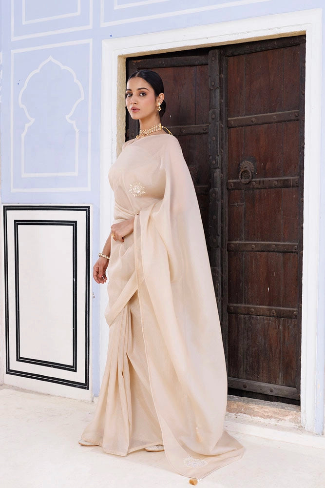 Beige Embellished Crinkle Tissue Saree