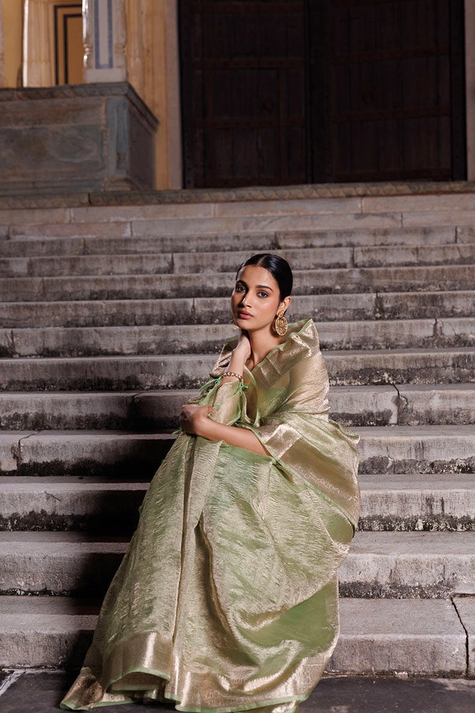 Green Crinkled Tissue Saree