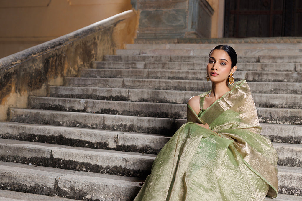 Green Crinkled Tissue Saree