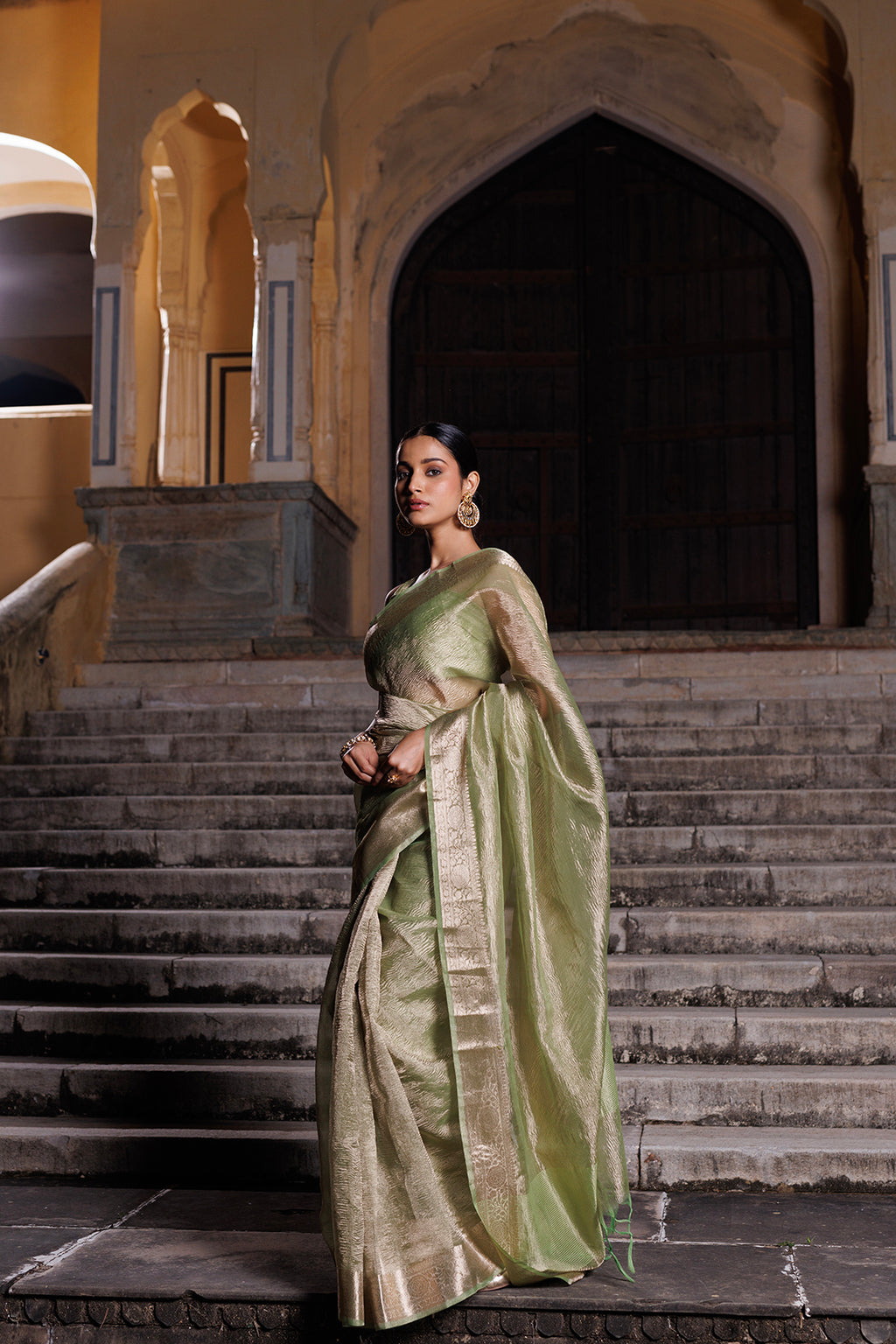 Green Crinkled Tissue Saree