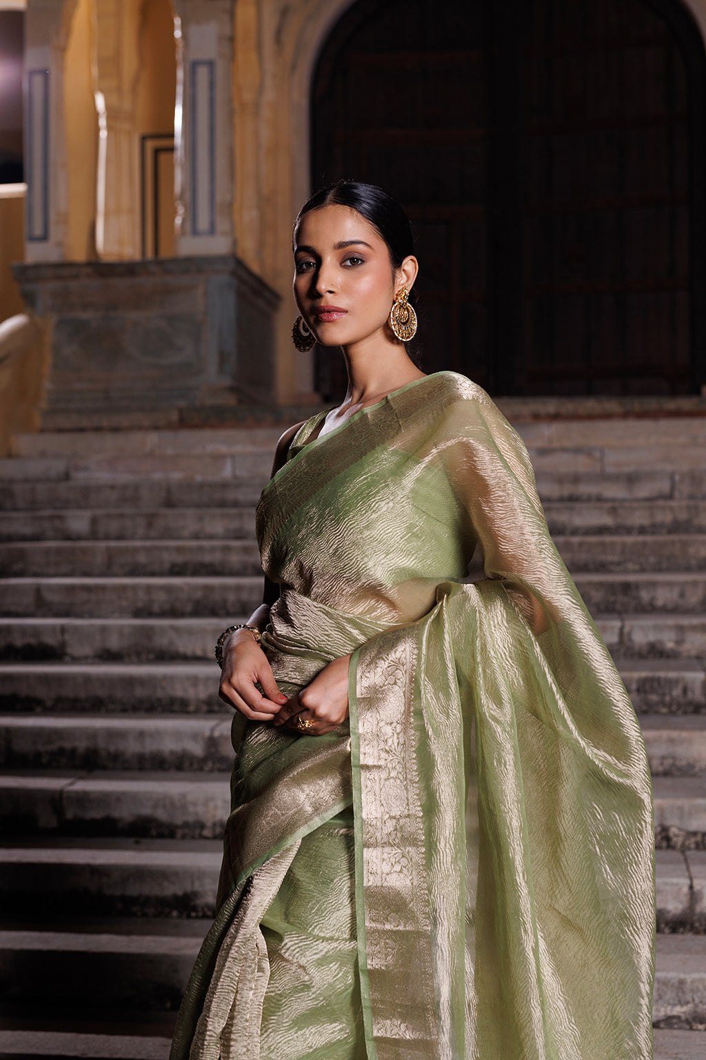Green Crinkled Tissue Saree