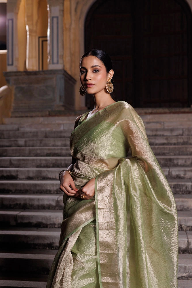 Green Crinkled Tissue Saree