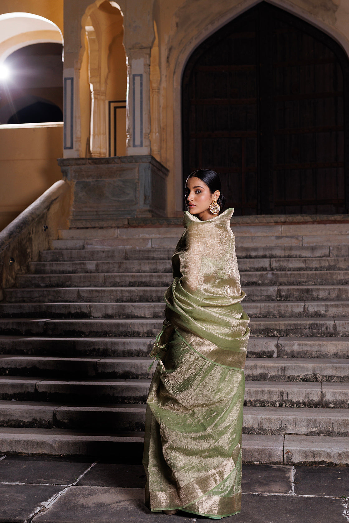 Green Crinkled Tissue Saree