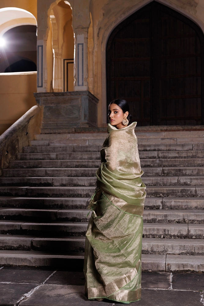 Green Crinkled Tissue Saree