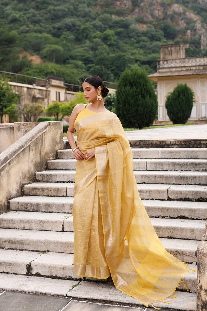 Yellow Crinkled Tissue Saree