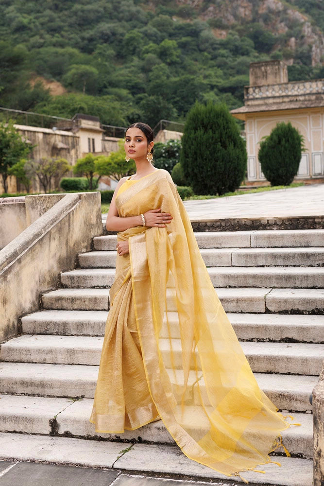 Yellow Crinkled Tissue Saree