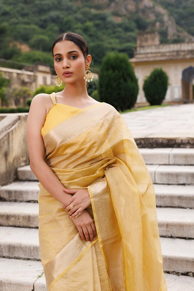 Yellow Crinkled Tissue Saree