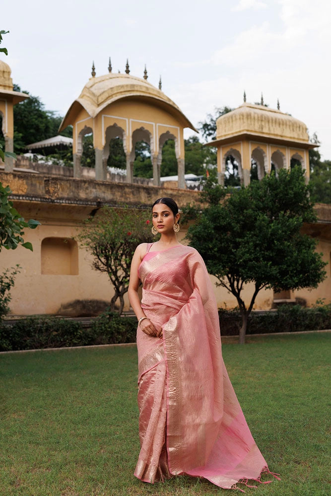 Pink Crinkled Tissue Saree