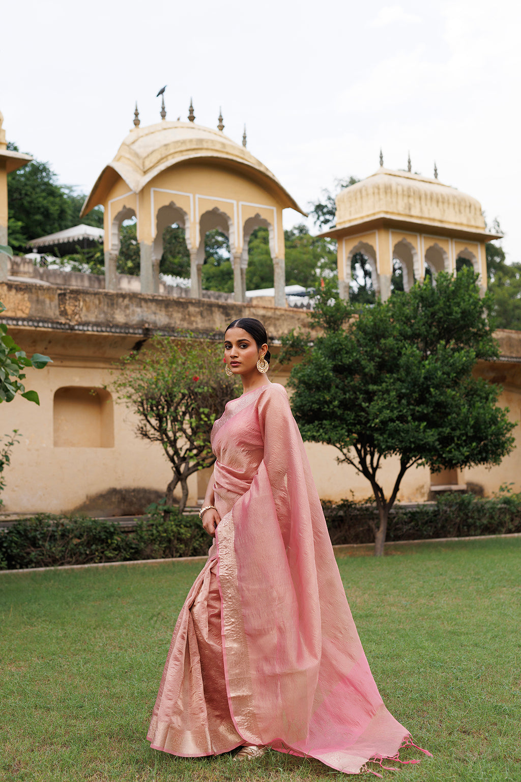 Pink Crinkled Tissue Saree