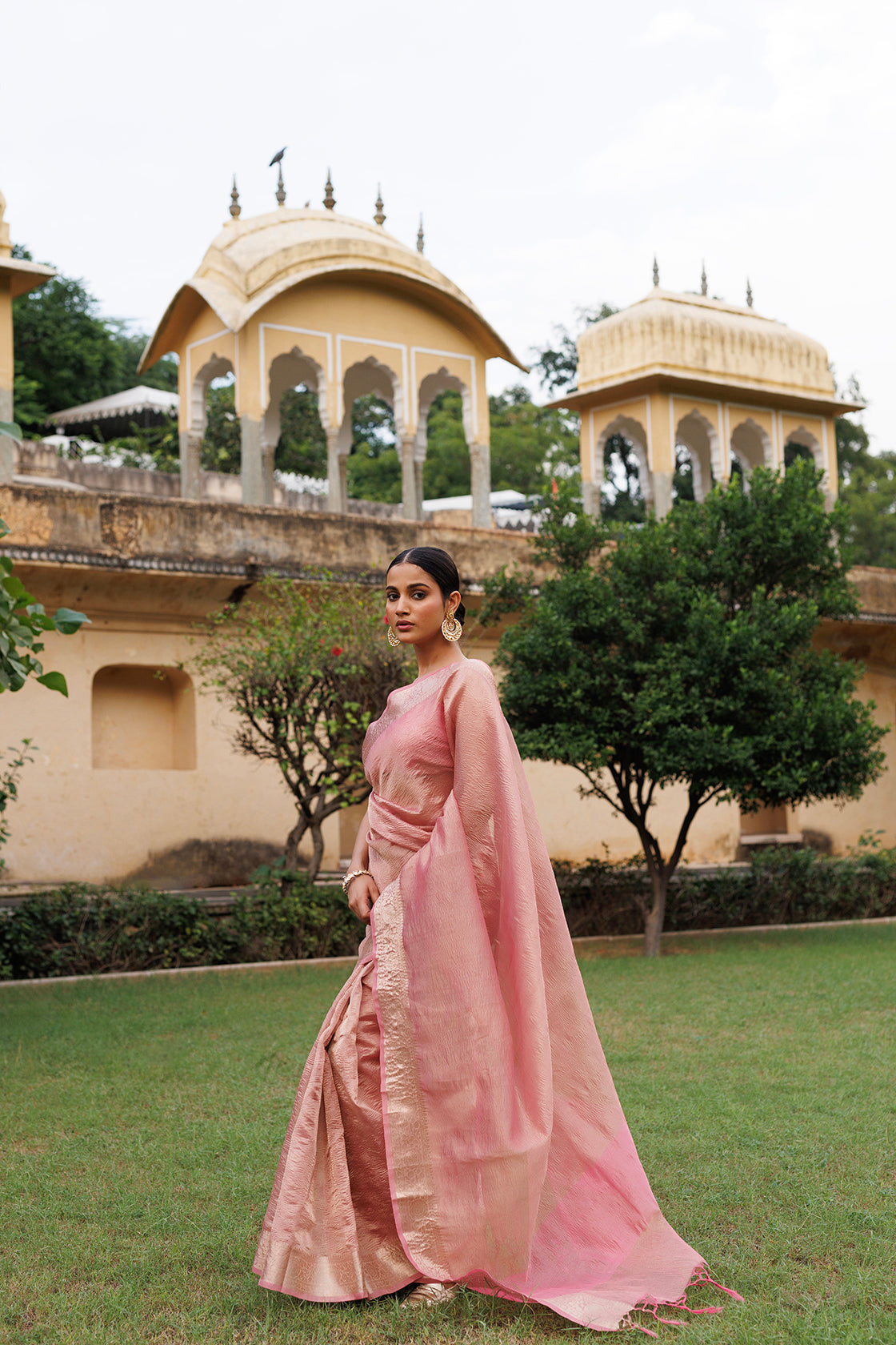 Pink Crinkled Tissue Saree
