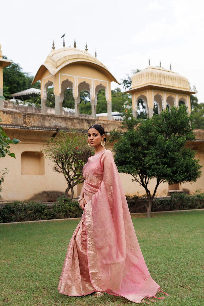 Pink Crinkled Tissue Saree