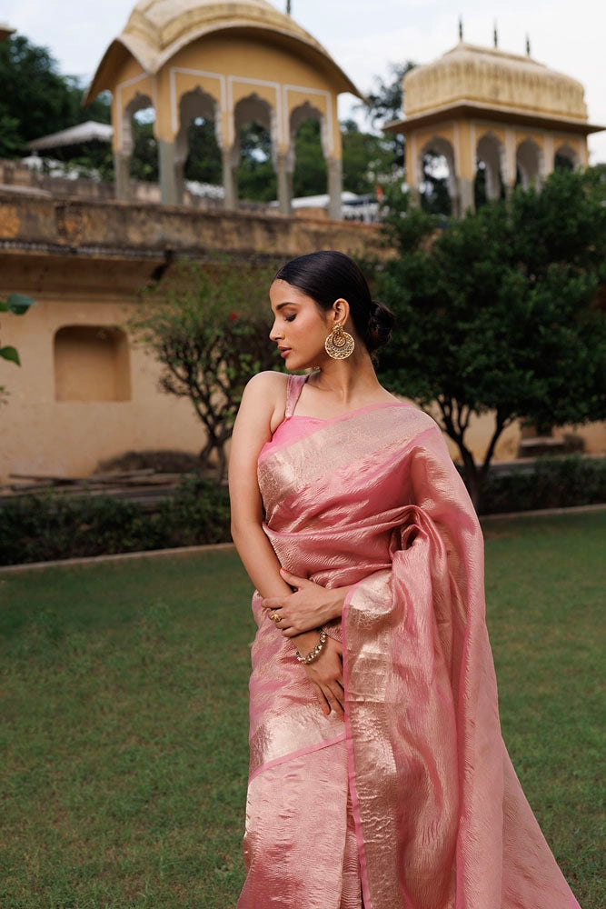 Pink Crinkled Tissue Saree