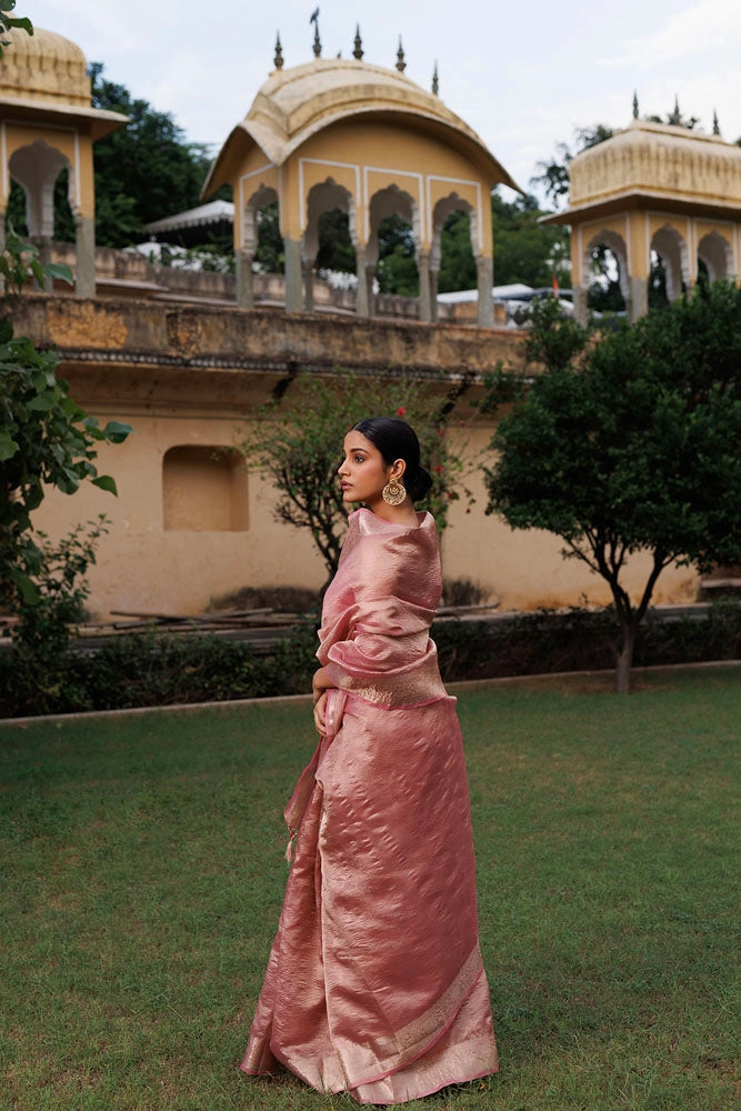 Pink Crinkled Tissue Saree